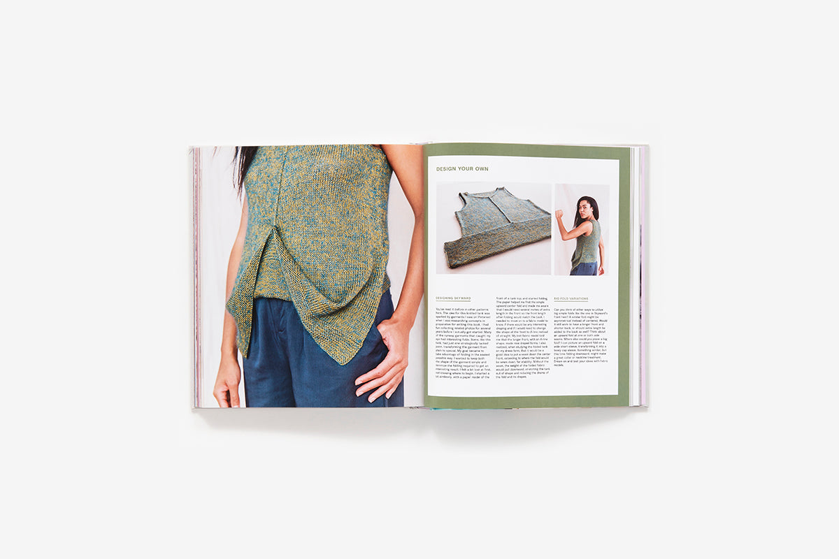 Open book showing a pattern for a knitted garment with a person wearing it.