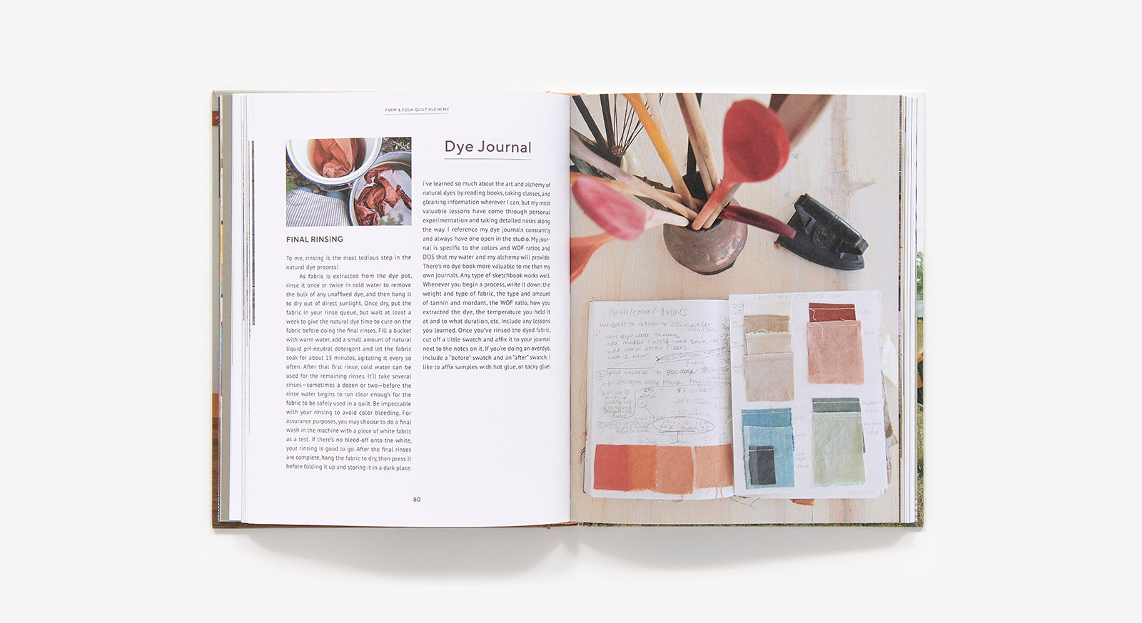Open book showing a page with text and a color swatch chart on a white background