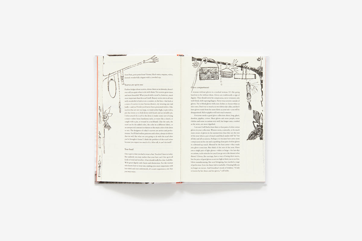 Open book with text and illustrations on a white background