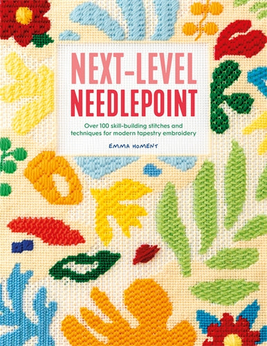 Book cover of 'Next-Level Needlepoint' with needlepoint design and text.