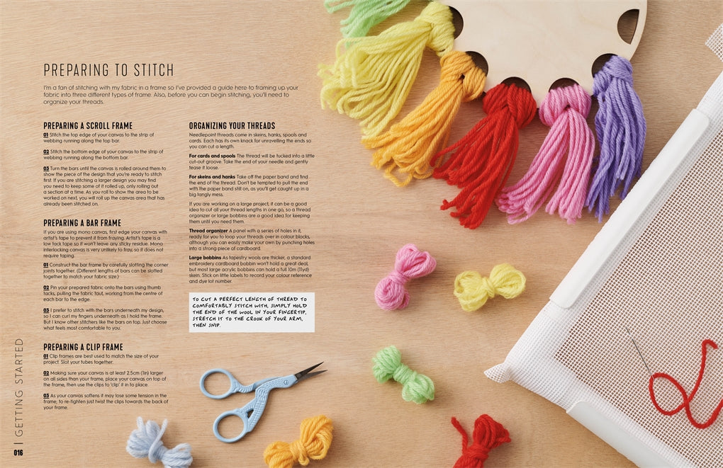 Needlepoint book page with colorful threads and scissors on a wooden surface
