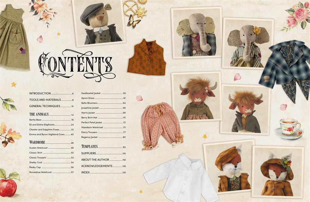 Contents page of a book  with illustrations of dolls, clothing, and tools on a floral background.