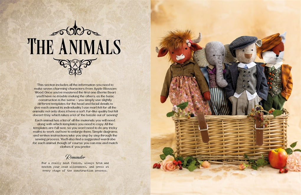 Illustrated book page with toy animals in a basket and decorative text.