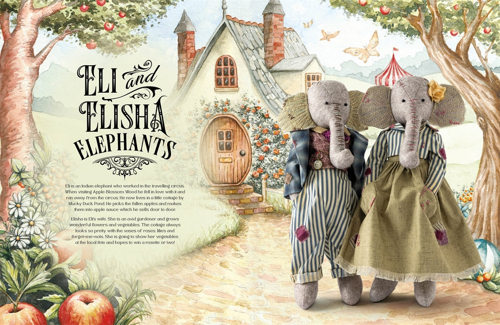 Illustration of two elephant characters named Eli and Elisha standing in a whimsical village setting with a house and trees.