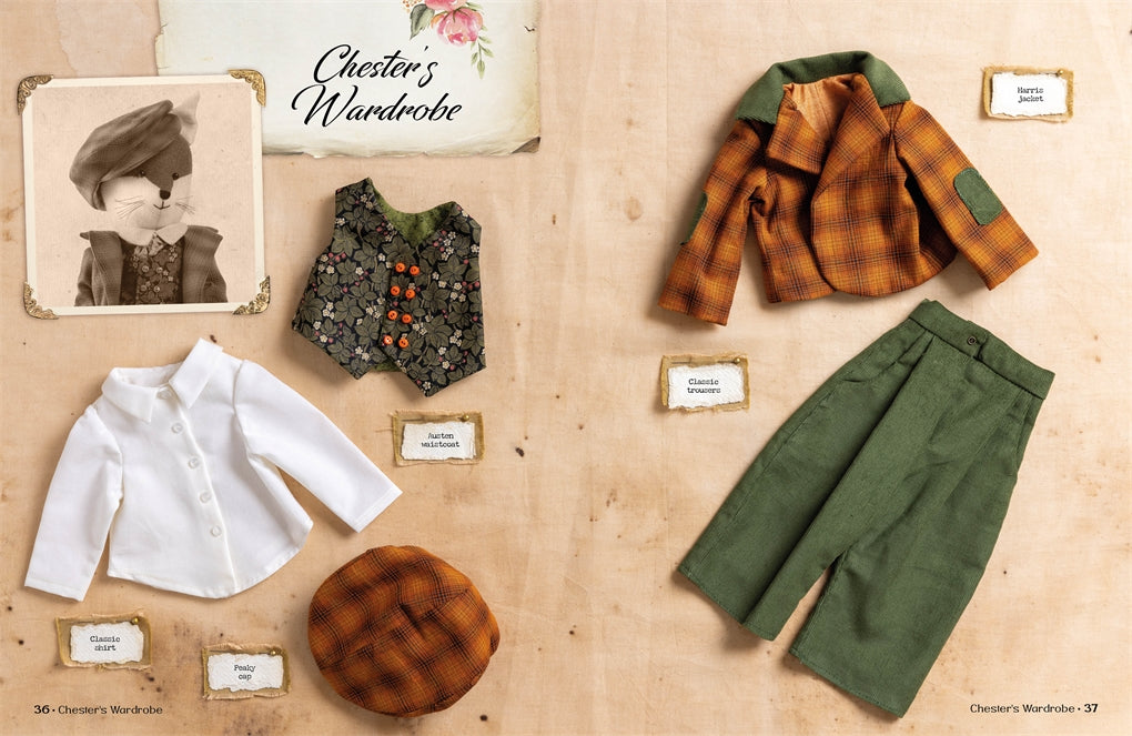 Collection of vintage-style clothing items on a wooden surface 