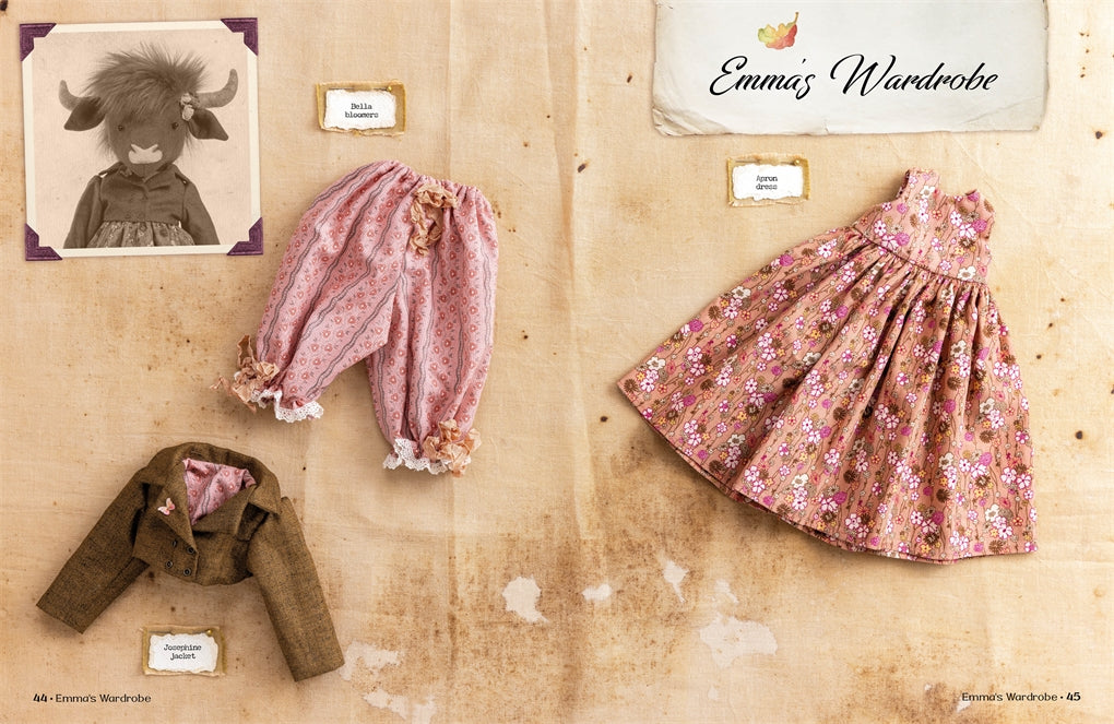 felt doll clothing displayed on a textured surface with 'Emma's Wardrobe' .
