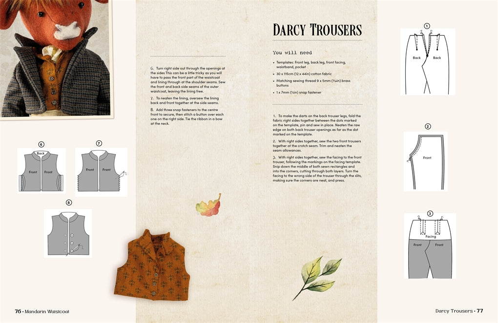 Pattern book page for Darcy Trousers with illustrations and text.