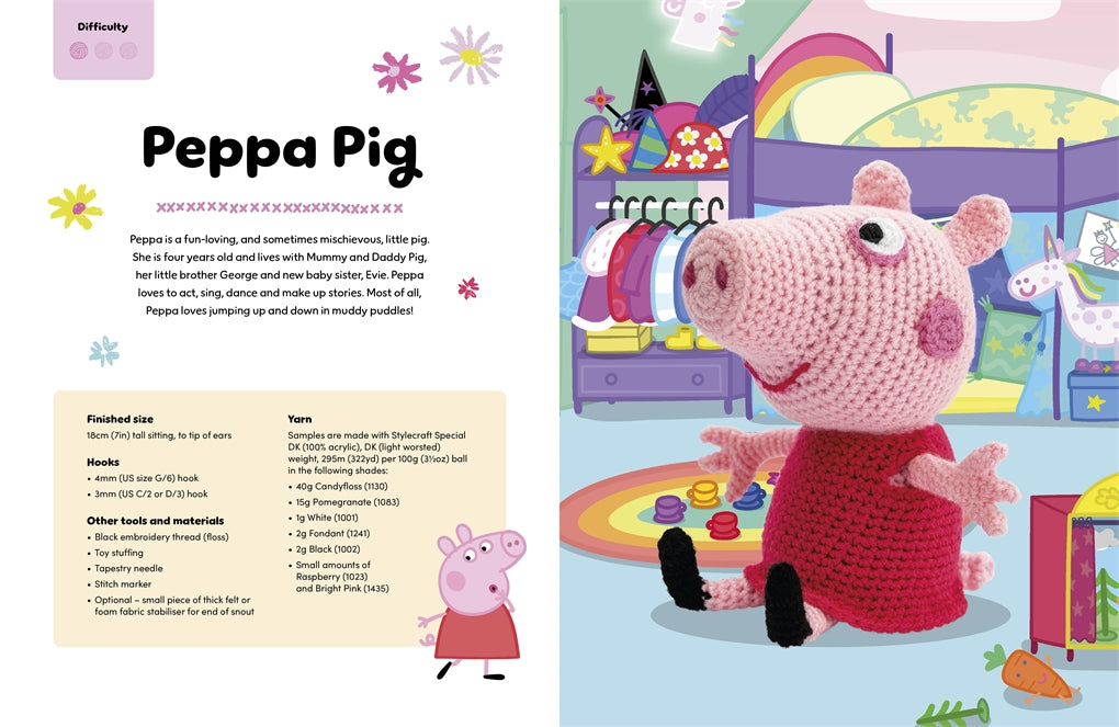 Crocheted Peppa Pig toy in a colorful room with text and illustrations.