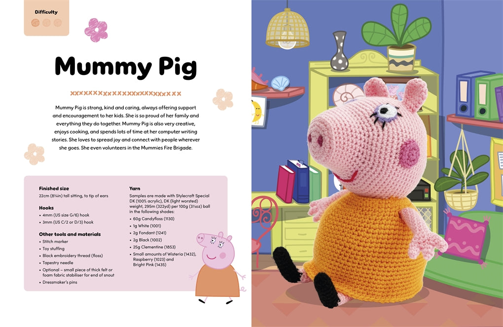 Crocheted Mummy Pig toy with a description on a colorful background