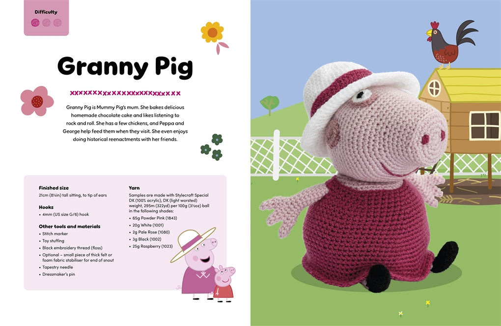 Crocheted Granny Pig toy with a description on a colorful background