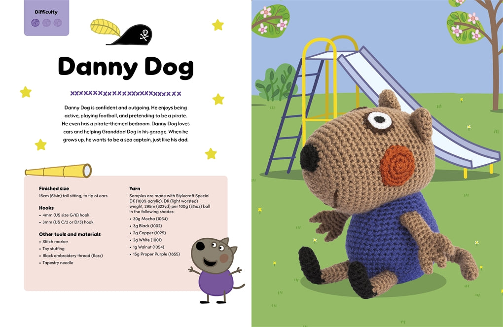 Crocheted dog toy with a blue sweater in front of a playground illustration, featuring text about 'Danny Dog'.