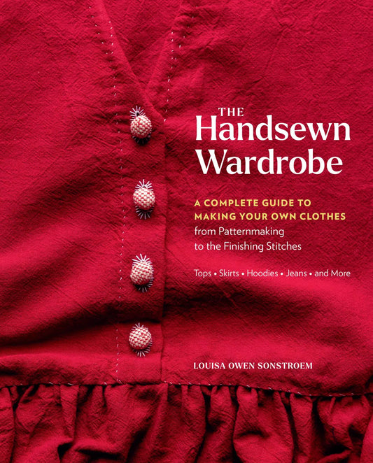 Book cover of 'The Handsewn Wardrobe' with a red garment and buttons.