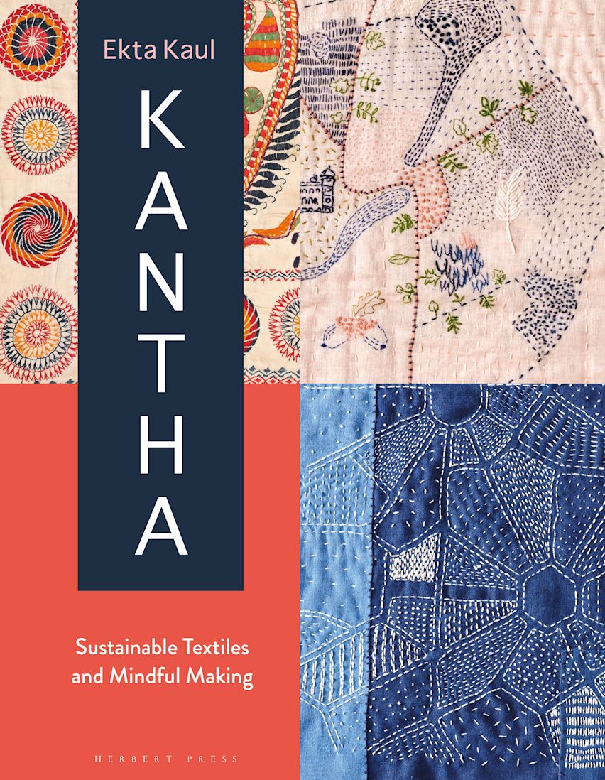 Book cover of 'Kantha' by Ekta Kaul with text and fabric patterns.