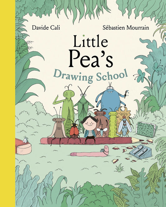 Book cover of 'Little Pea's Drawing School' with cartoon characters and greenery.