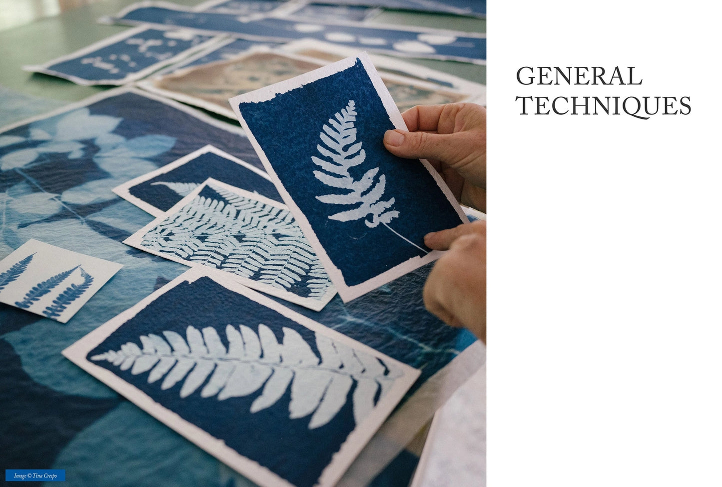 A close-up of a hand holding a blue and white card with a fern design over a table covered with similar printed cards, with the text 'GENERAL TECHNIQUES' on a white sidebar at the right.