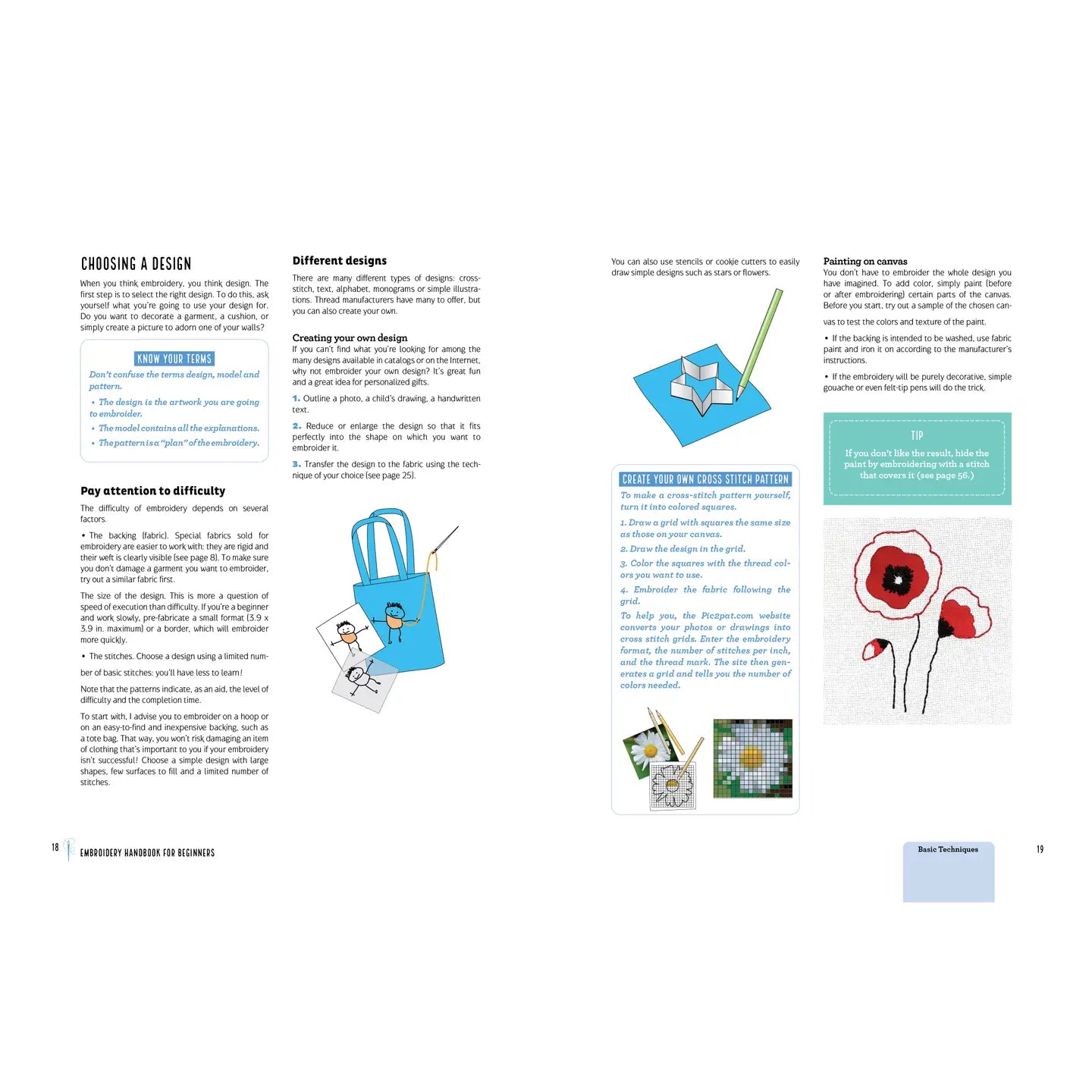 Page from a book or manual with text and illustrations on design choices and examples.