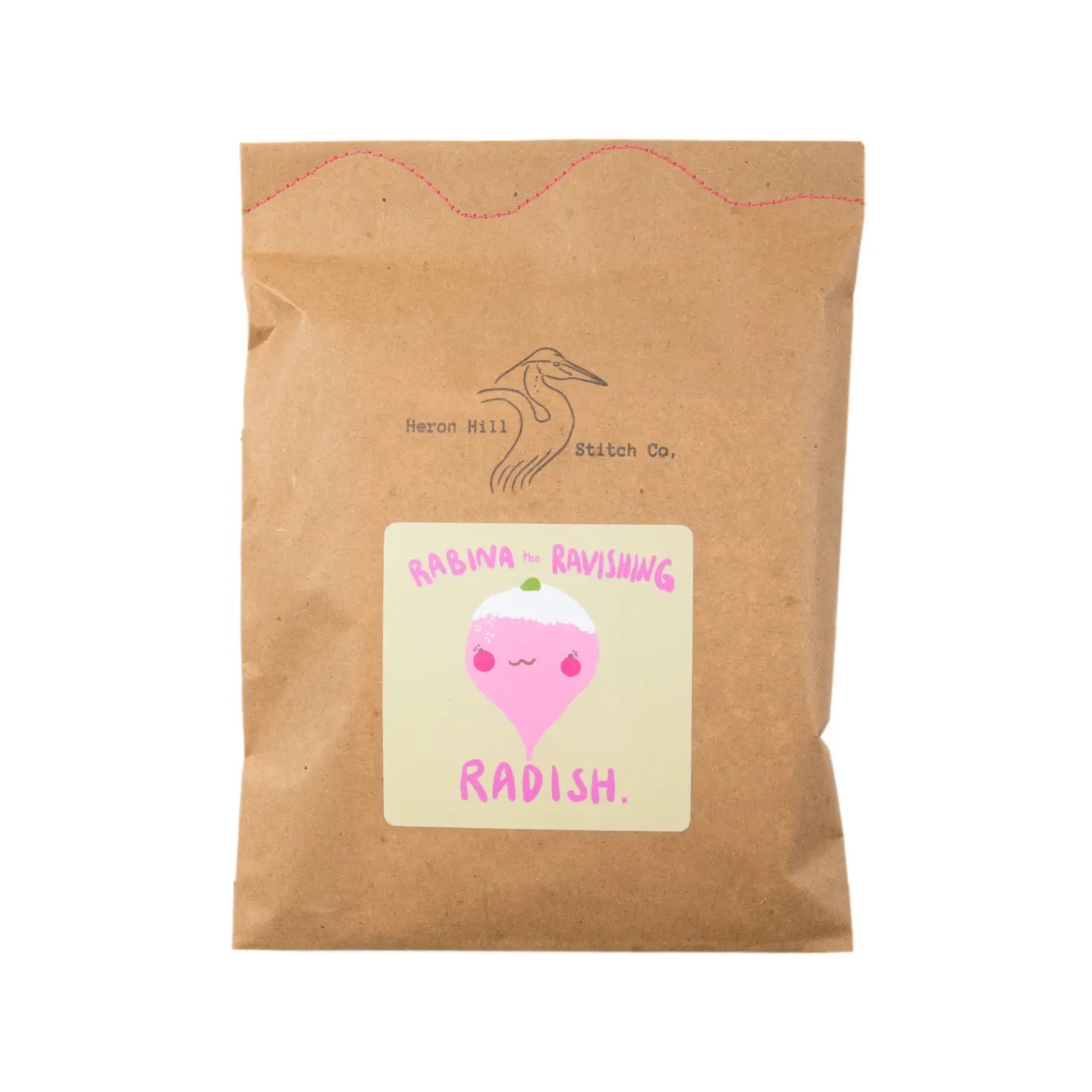 Brown bag packaging of a felt radish kit