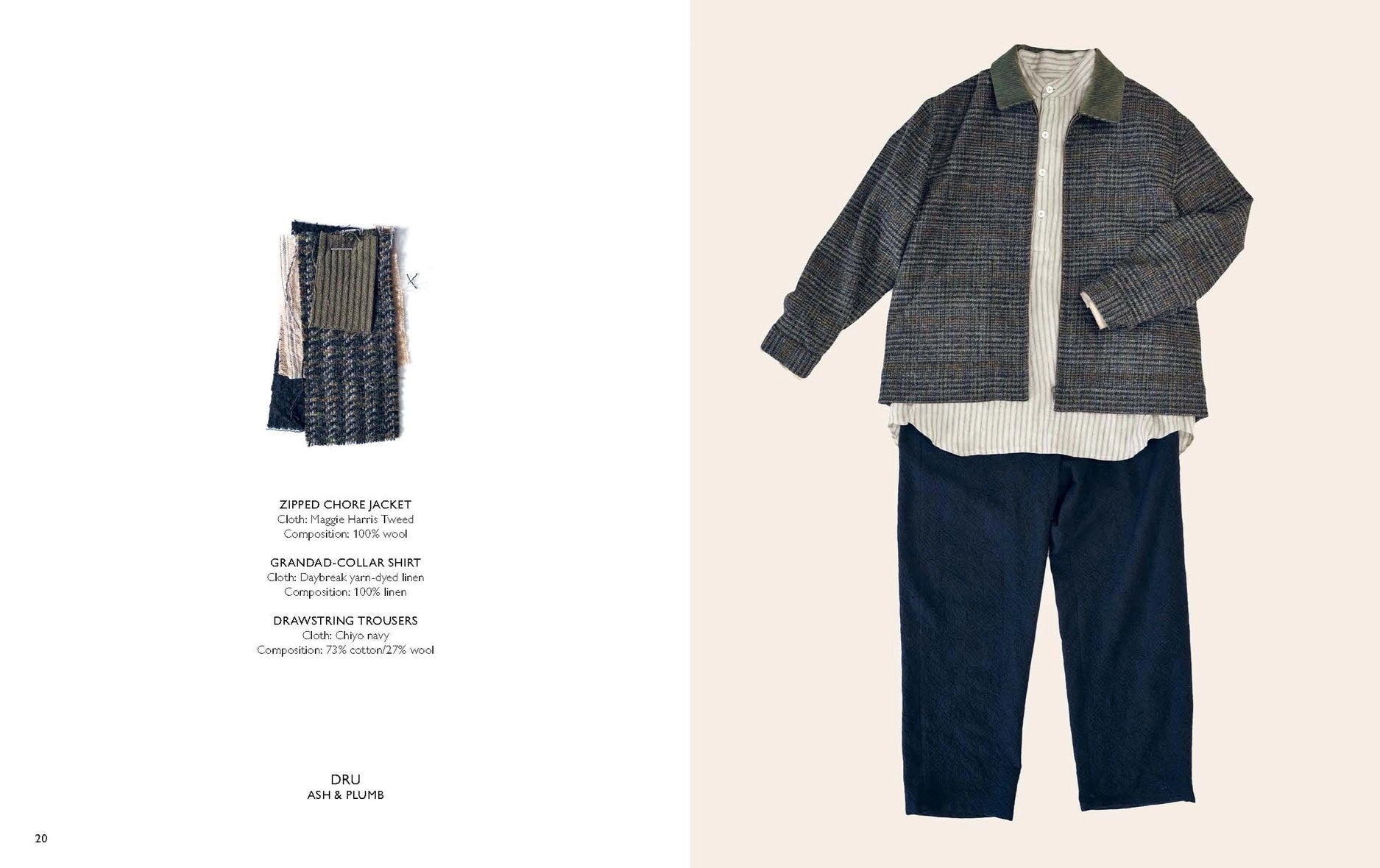 a flatlay of a wool jacket and a blue pair of pants
