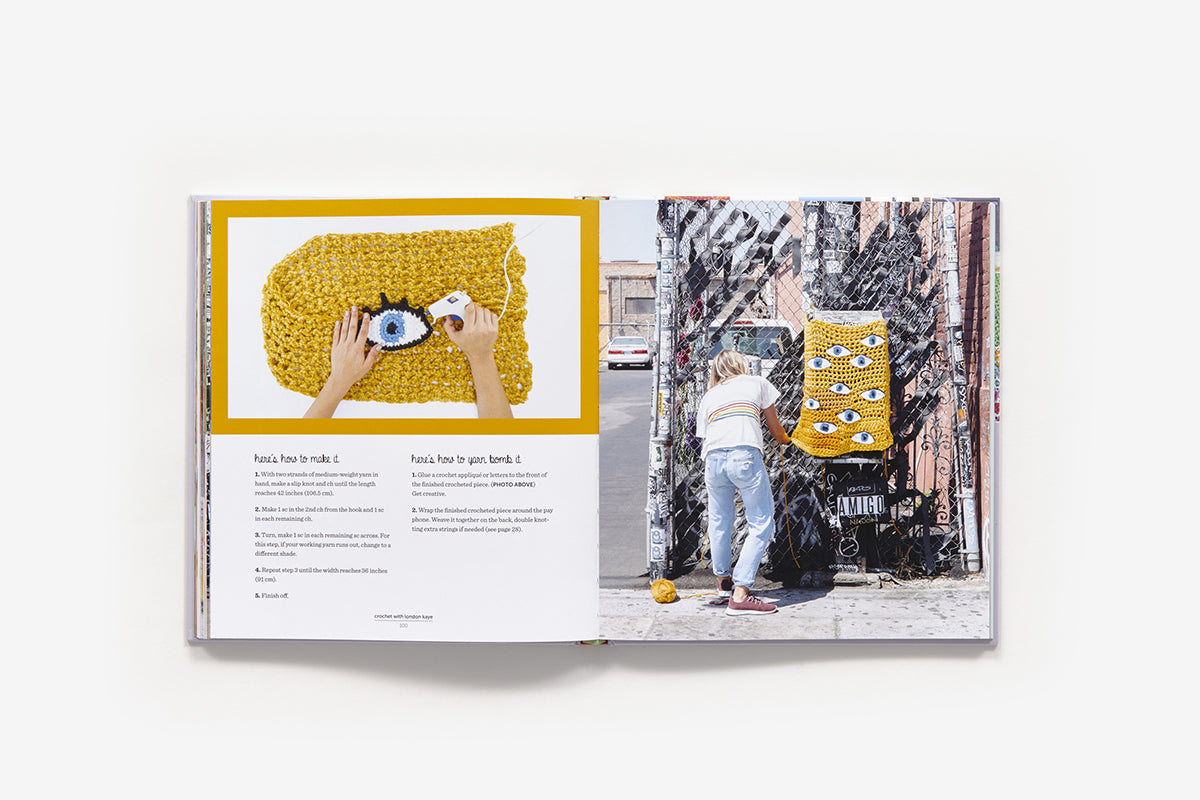 Open book showing a crochet pattern and a person installing a yellow crochet art piece on a wall.