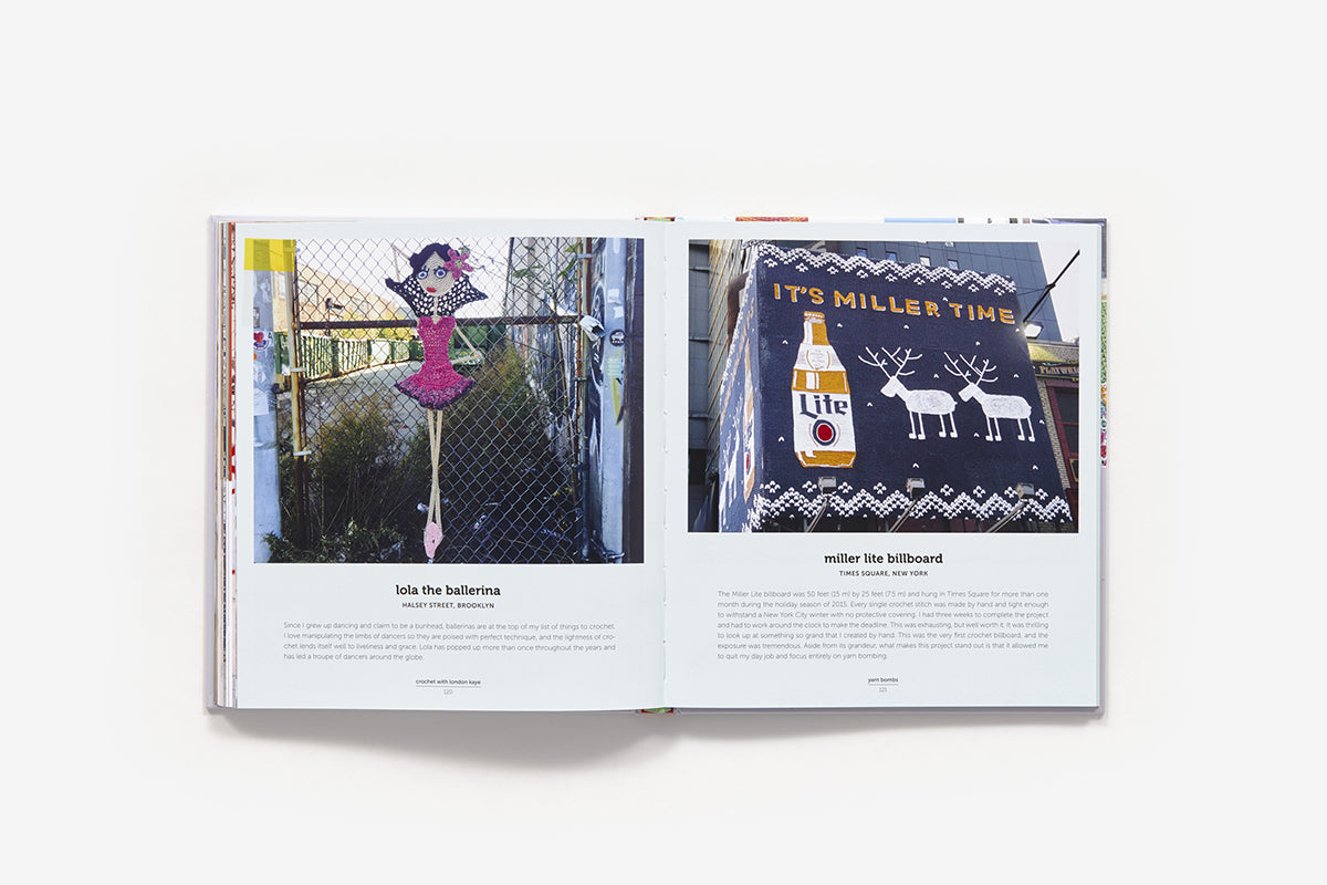 Open book showing two pages with crochet images and text on a white background