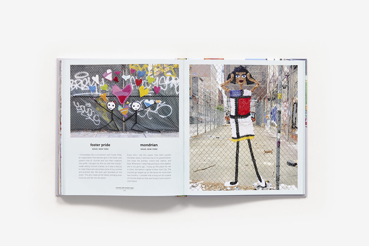 Open book showing two pages with illustrations of crochet people and text on a white background