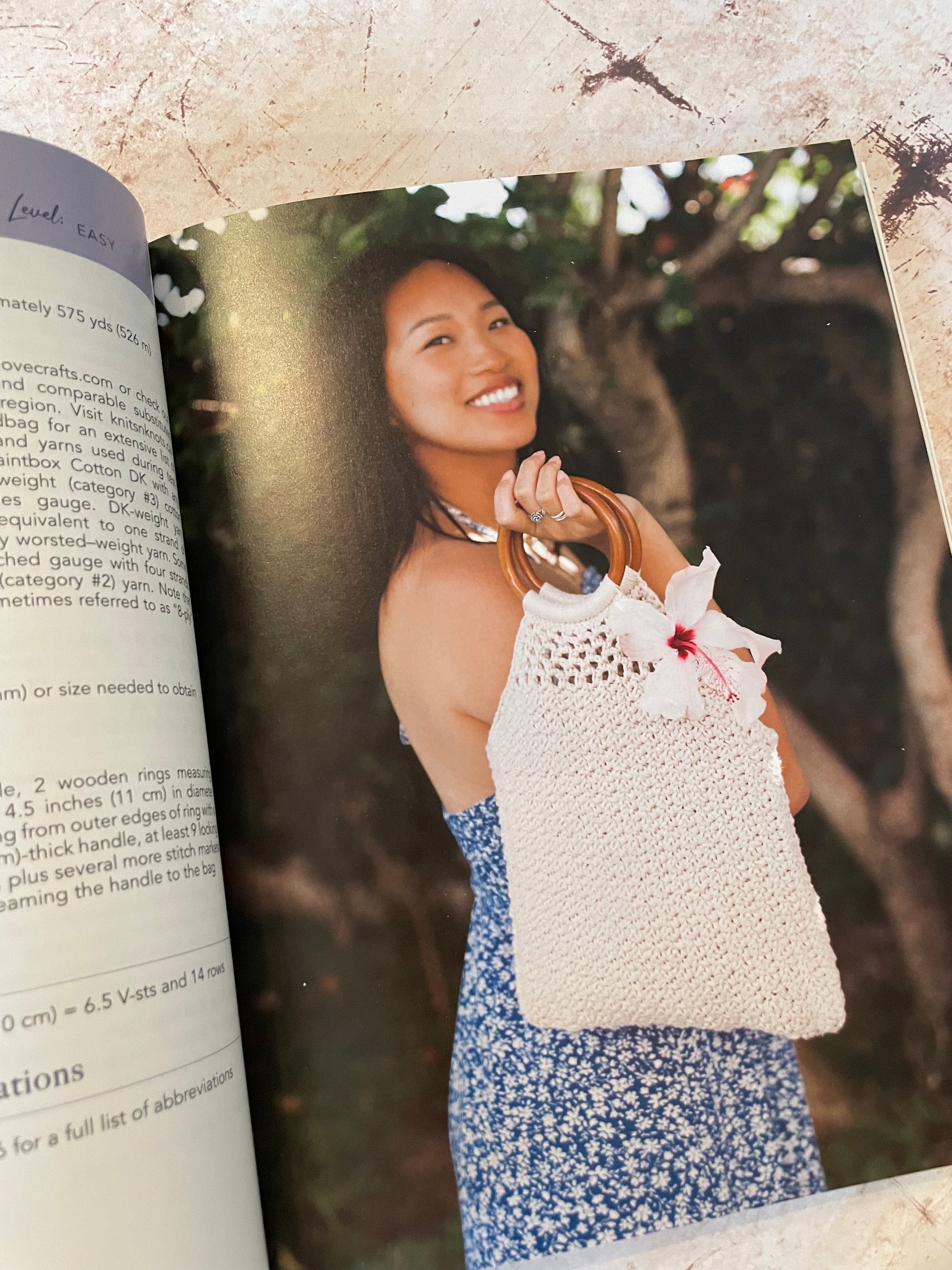 Woman holding a crocheted bag with wooden circle handles