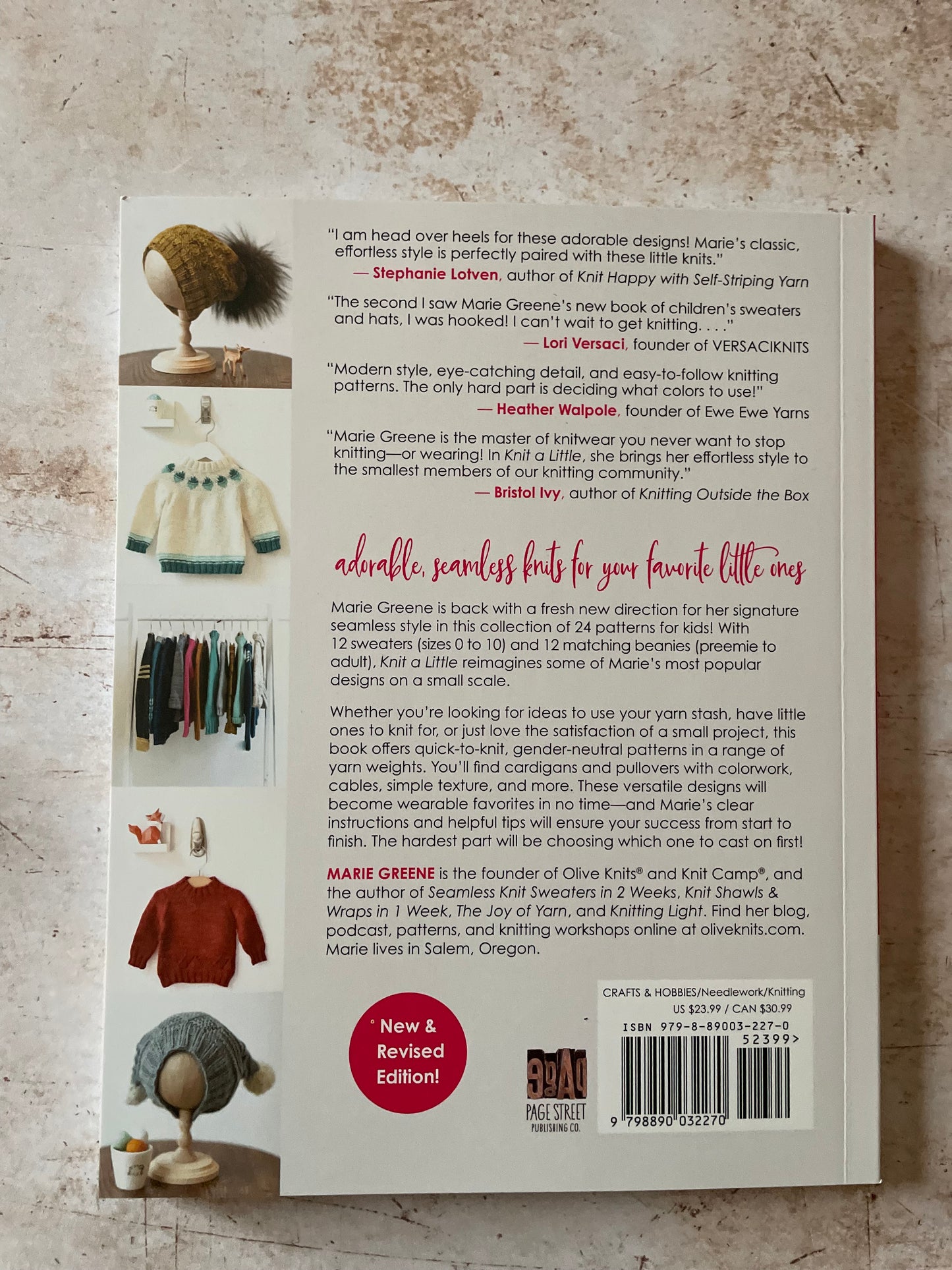 Back cover of a knitting book with text and illustrations on a textured surface