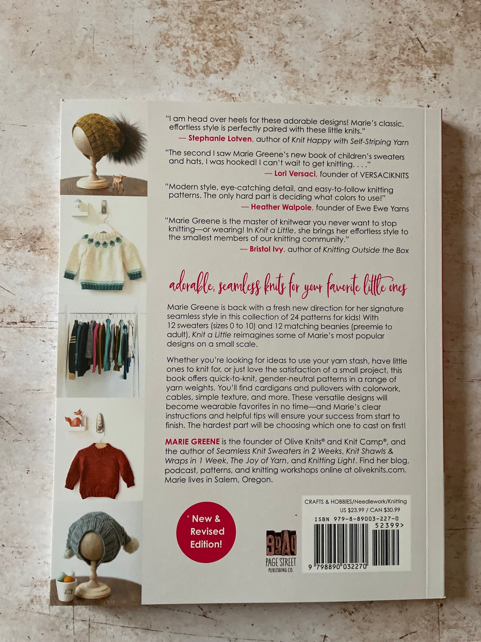 Back cover of a knitting book with text and illustrations on a textured surface