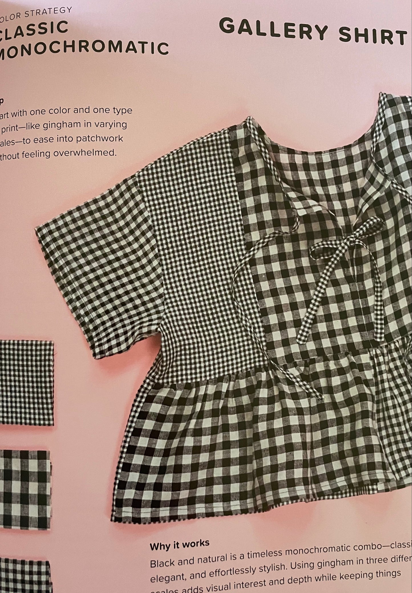 Black and white checkered shirt on a pink background with text about color strategy.
