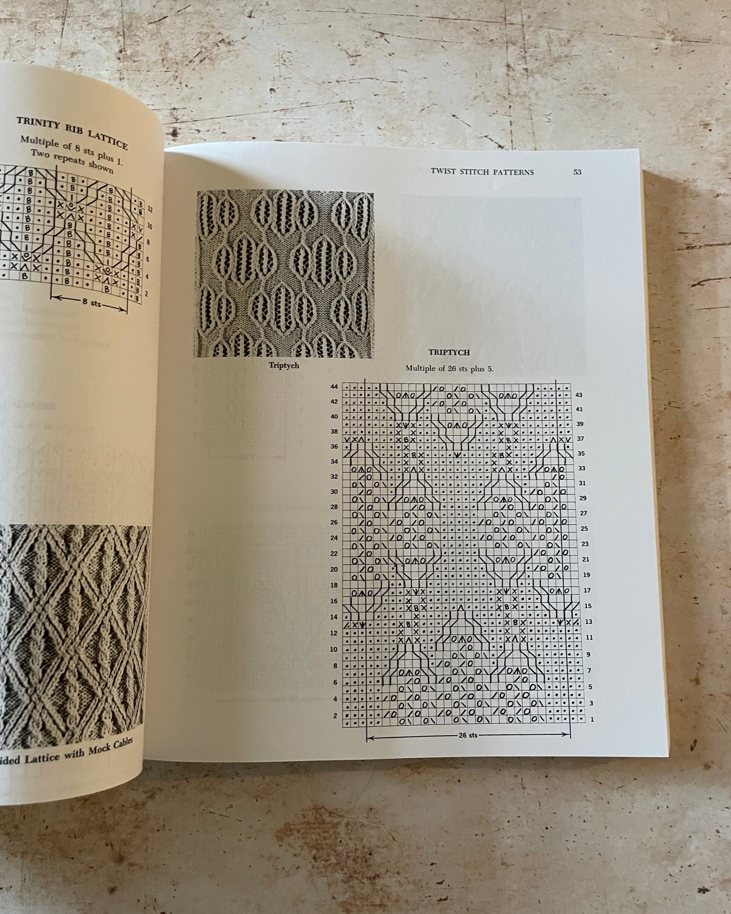Open book with printed geometric patterns on a textured surface