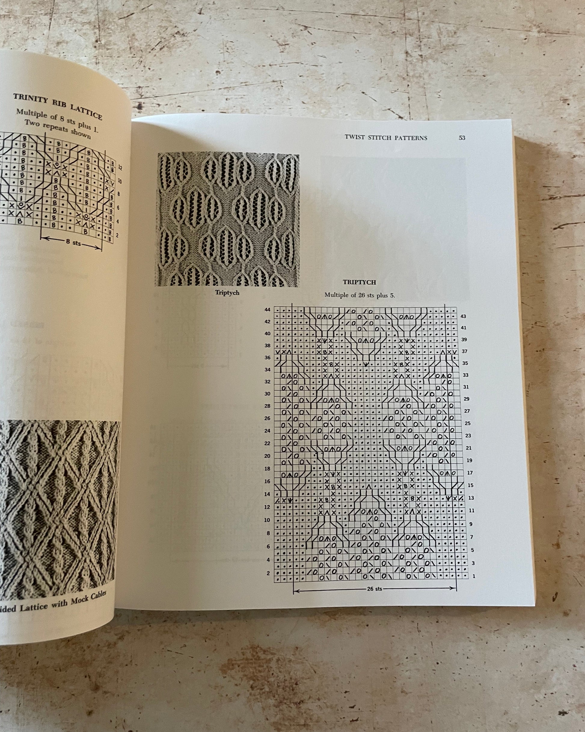 Open book with printed geometric patterns on a textured surface
