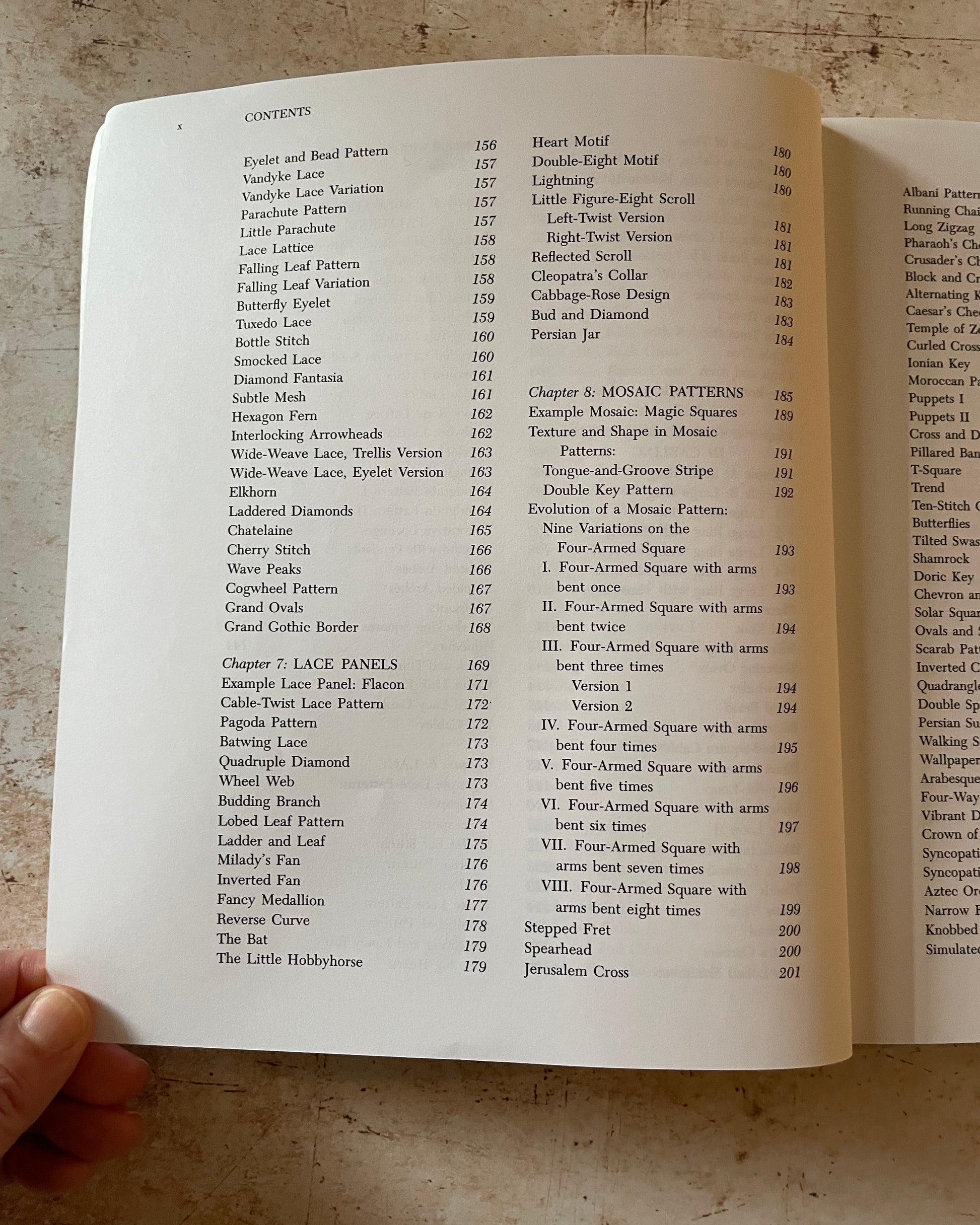 Open book with a table of contents on a textured surface