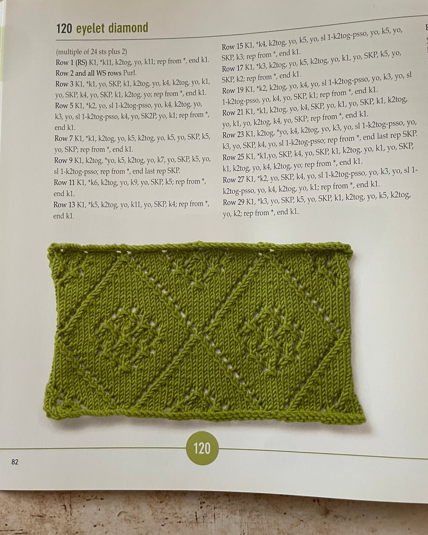 Green knitted swatch on a book page with text