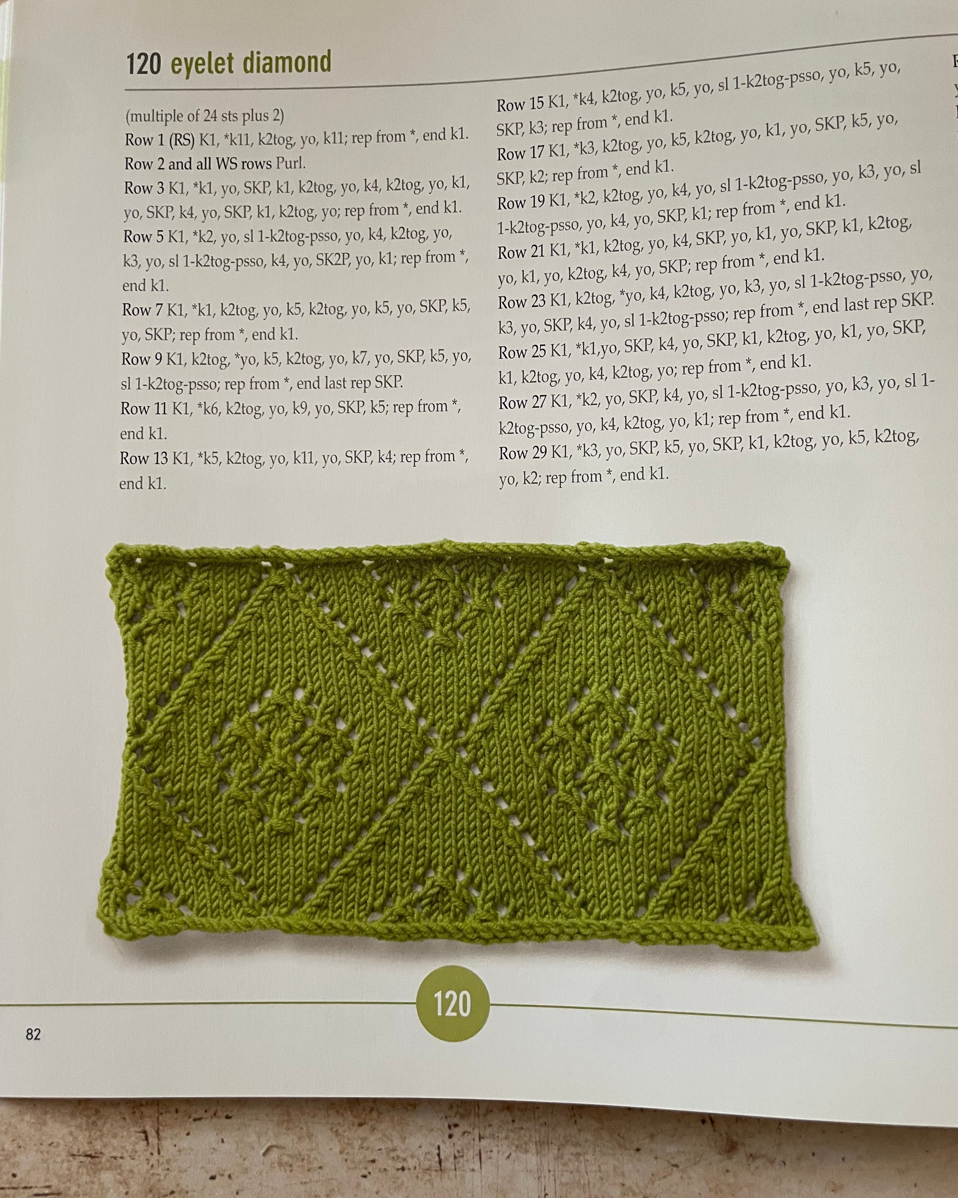 Green knitted swatch on a book page with text