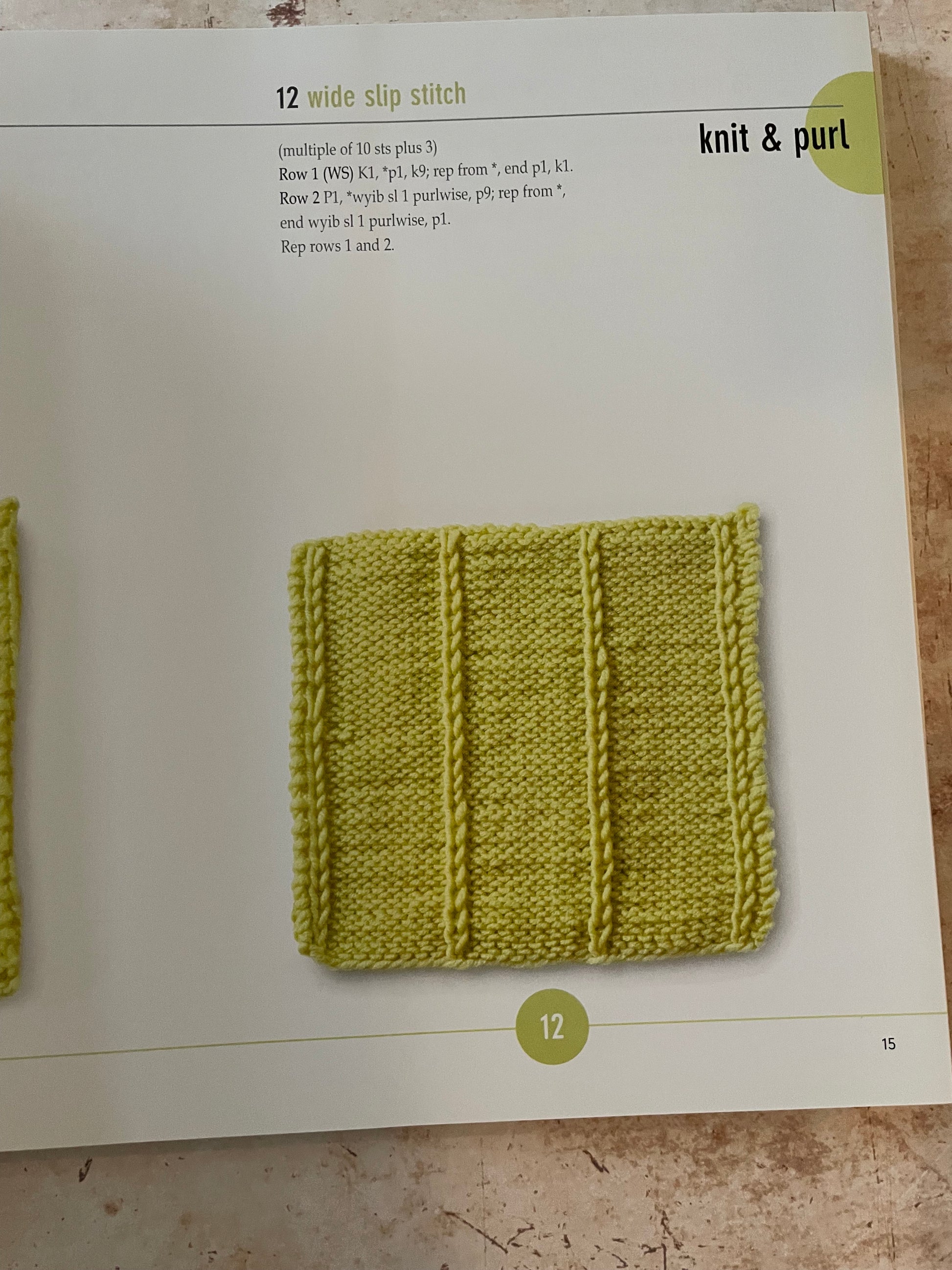 Knitted sample on a page from a knitting book