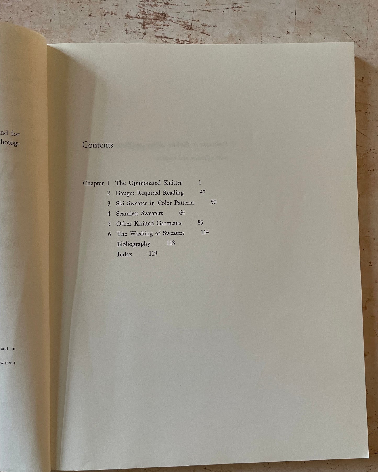 Table of contents page of a book on a textured surface