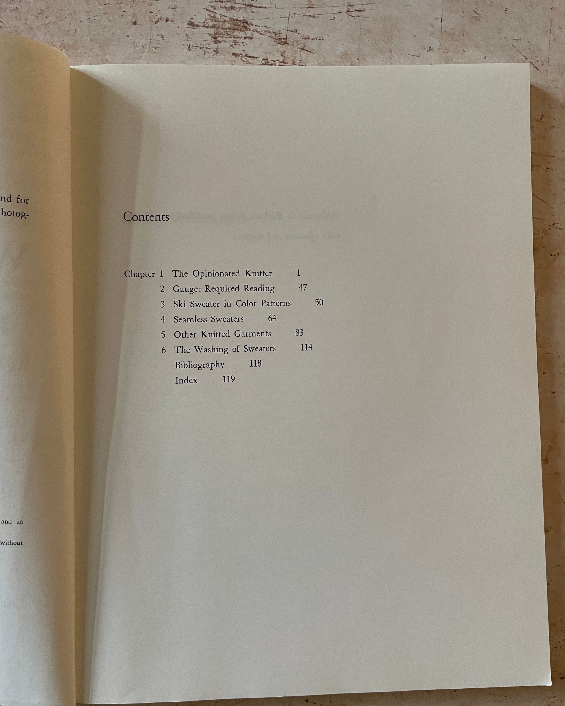 Table of contents page of a book on a textured surface