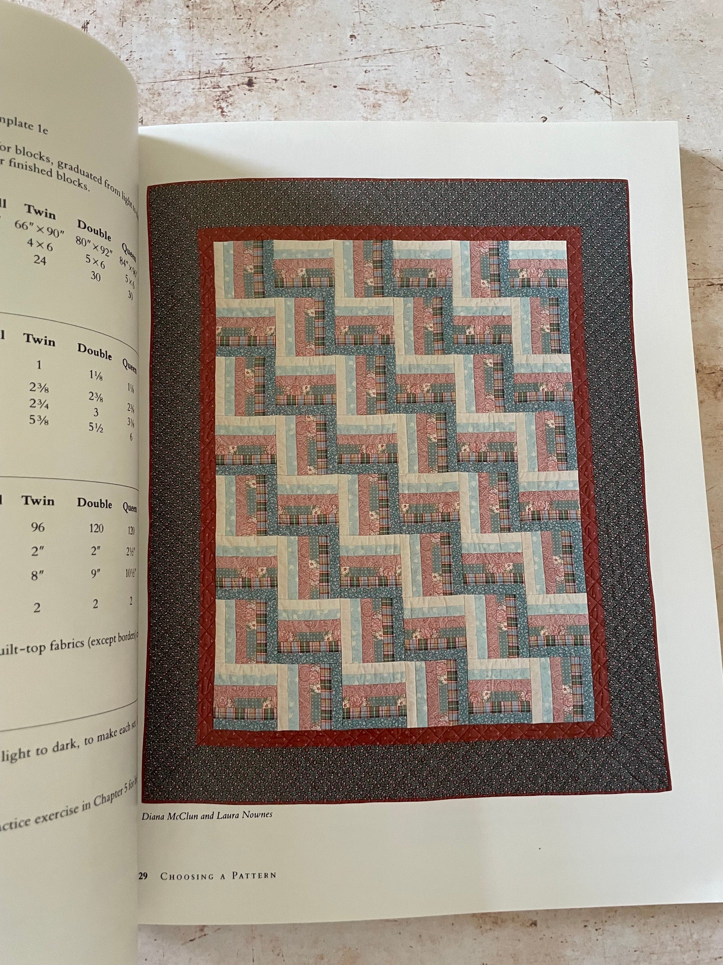 a rail fence quilt in blue and pink fabric