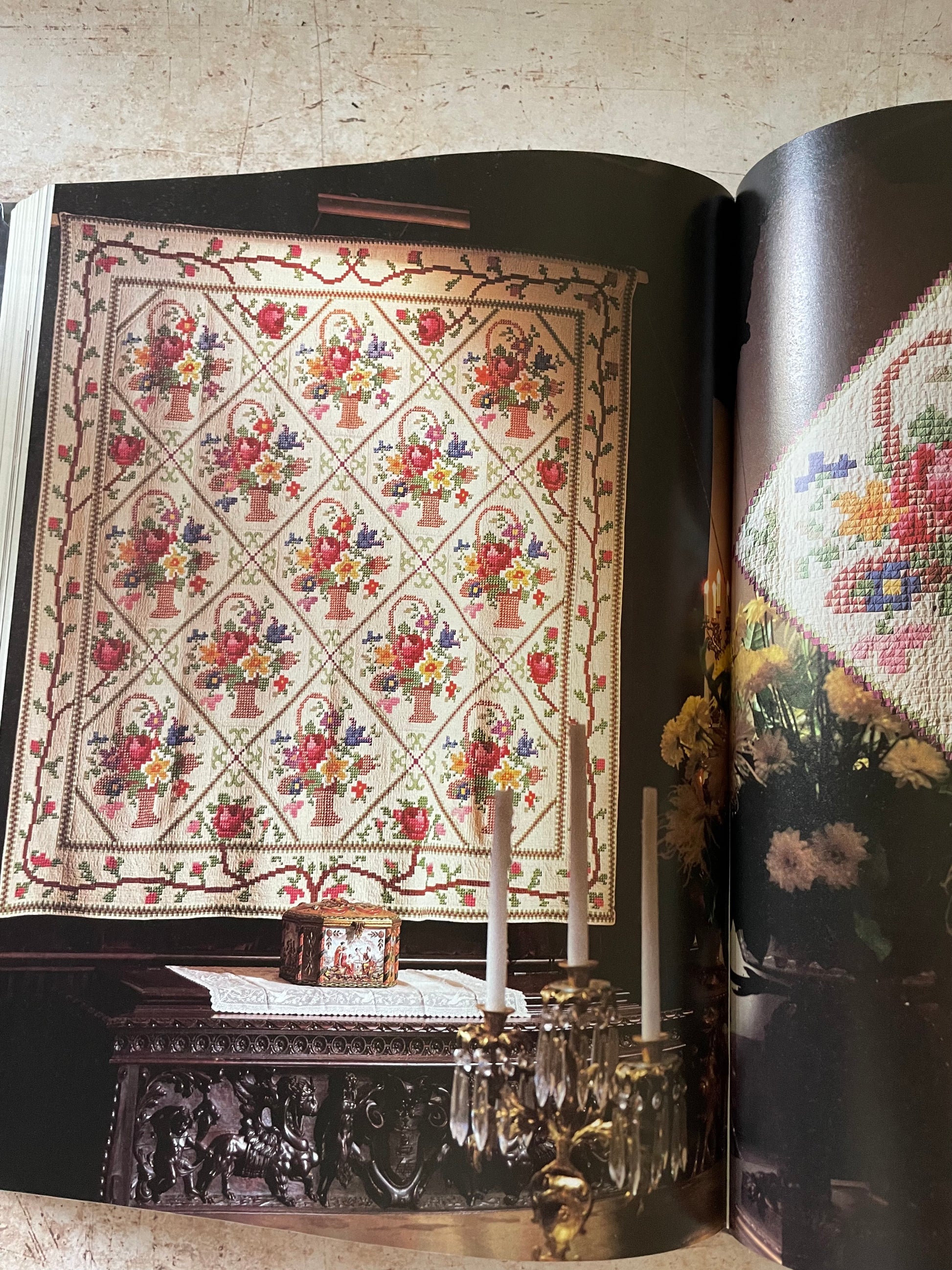 a flower basket quilt made with tiny triangles