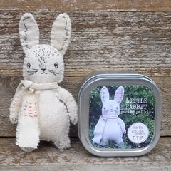 Stuffed rabbit toy with a tin labeled 'Little Rabbit' on a wooden surface