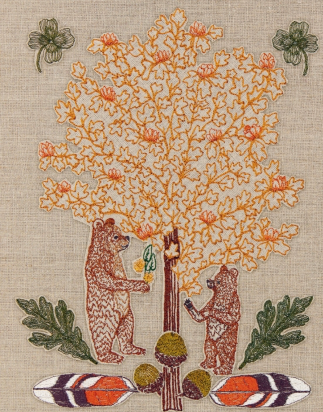 two embroidered bears under a tree