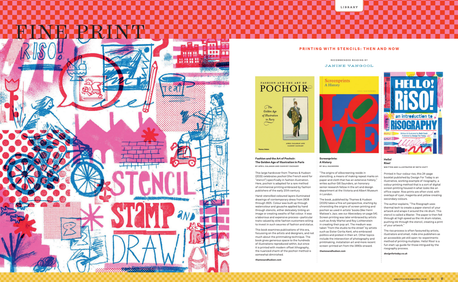 Illustrated book or magazine page with text and graphics on a red and white checkered background