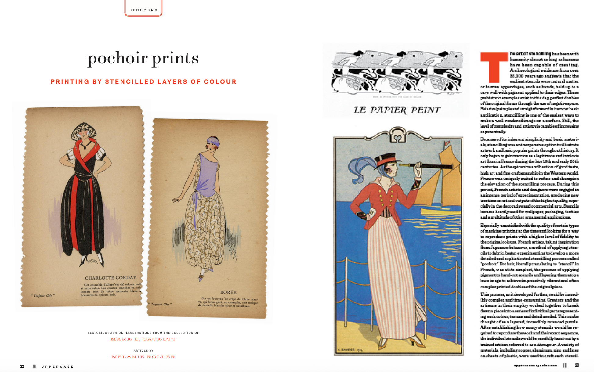 Illustrations of women in dresses with text about pochoir prints on a magazine page.