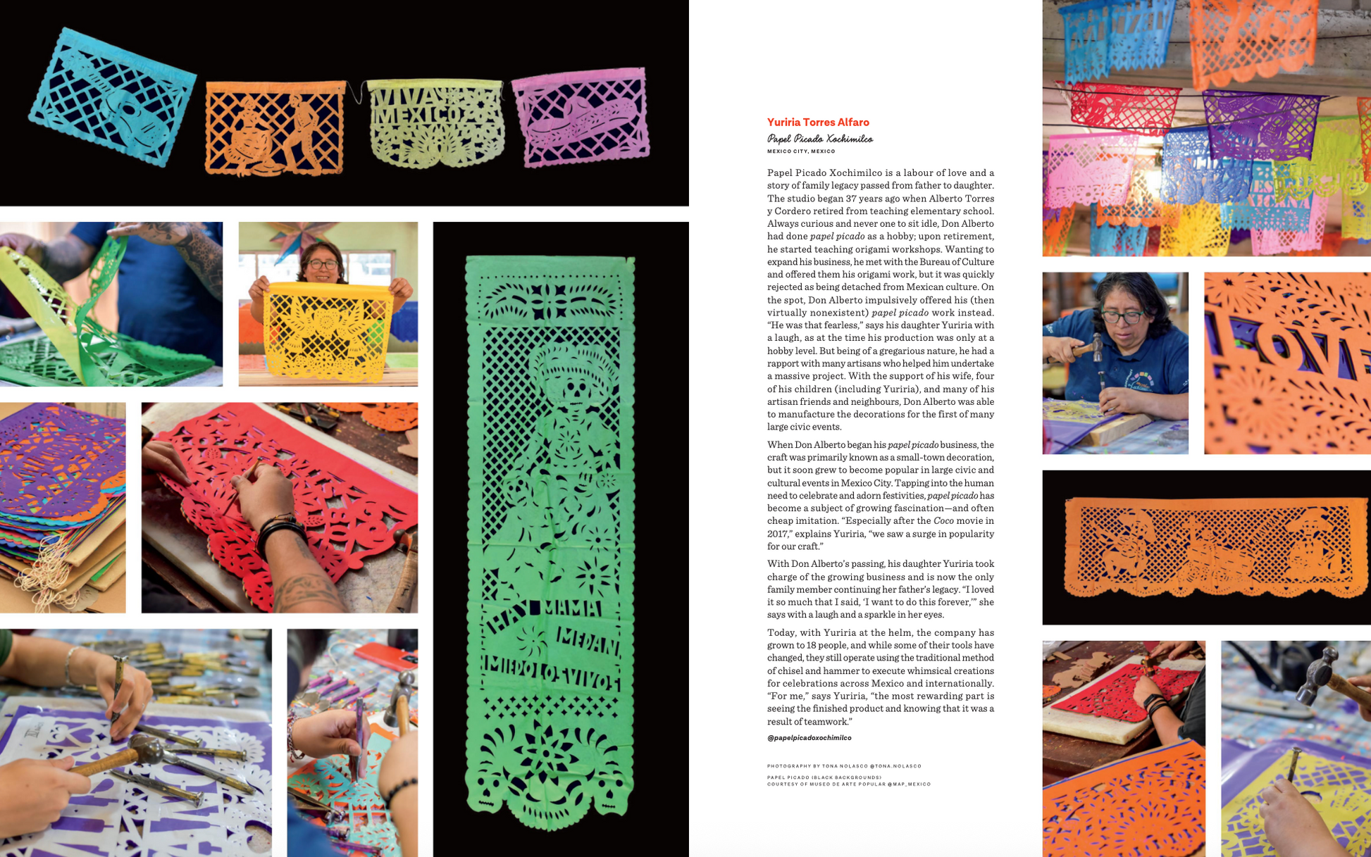 Book page with colorful cut-out paper art and text on a black background