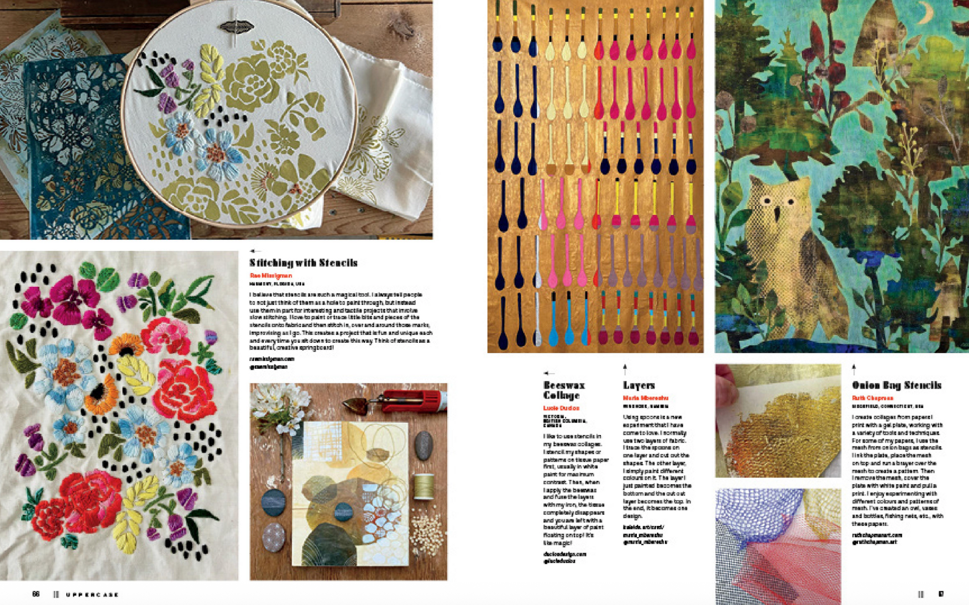 Collage of various embroidery and textile designs with text on a white background