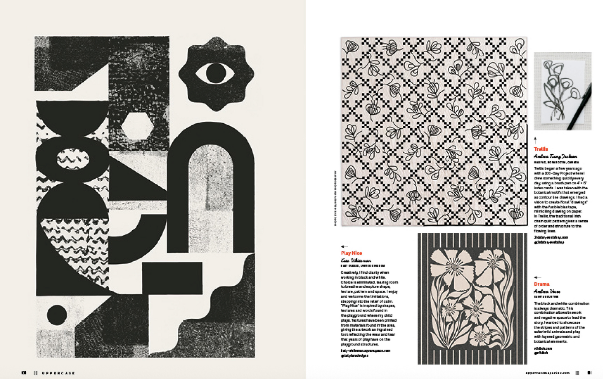Page from a magazine featuring black and white geometric and floral patterns.
