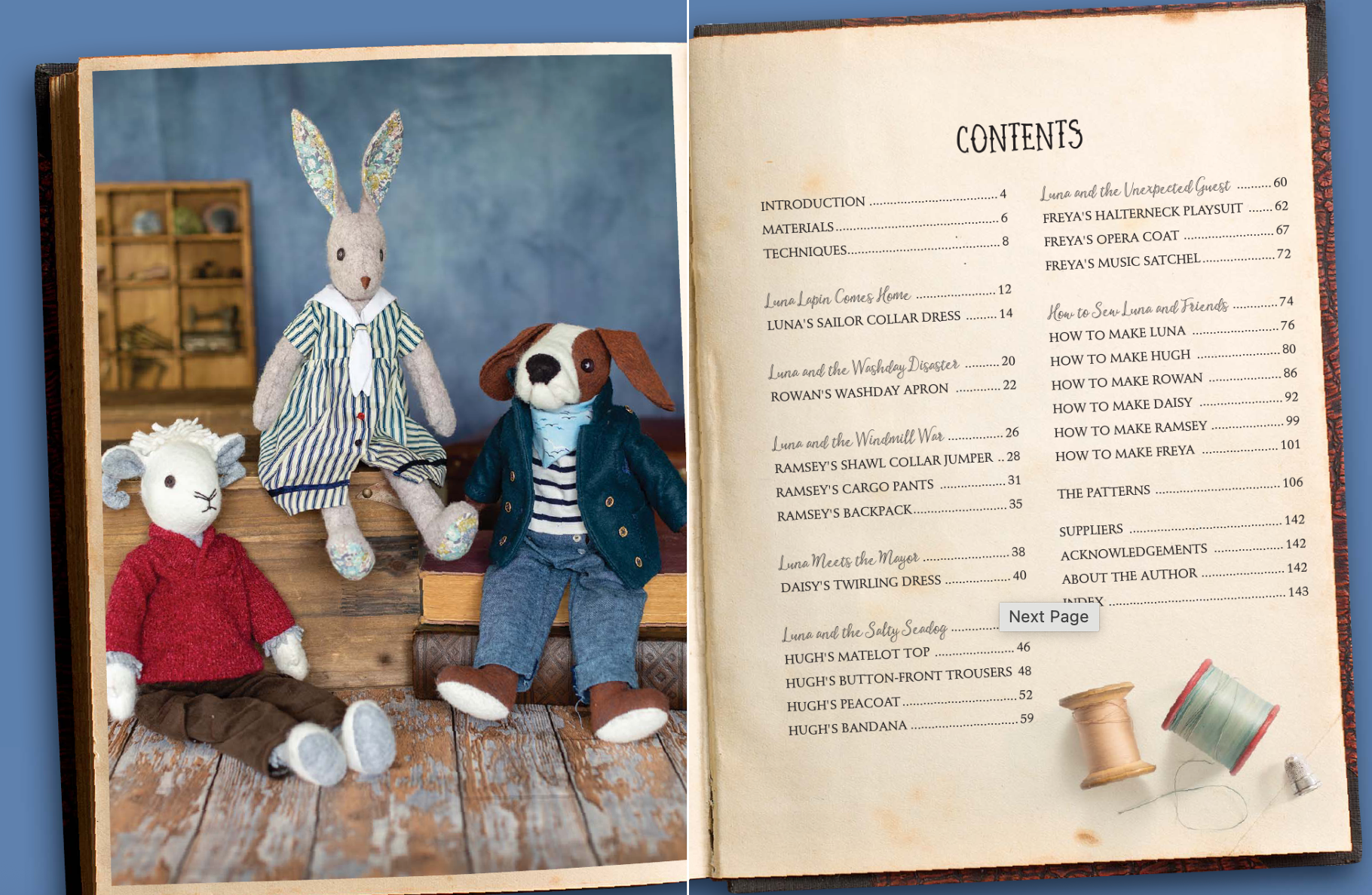 Open book with illustrations of stuffed animals and a table of contents on a blue background