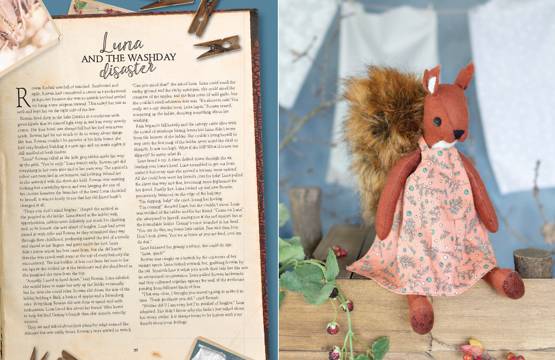 Text on a page with a stuffed animal in a dress next to it