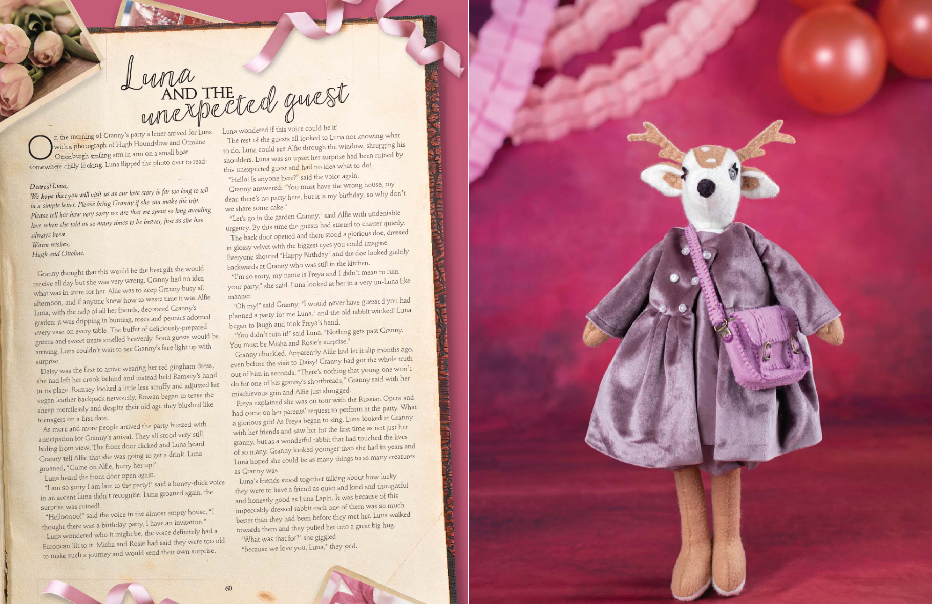 Text document titled 'Luna and the Unexpected Guest' with a toy deer in a dress and purse on a red background.