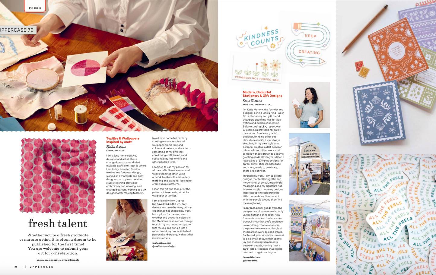 a magazine page spread with colorful circles and stickers